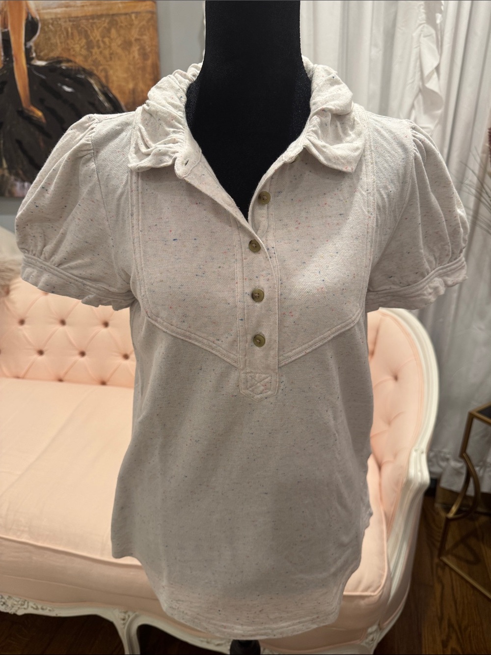 Marc by Marc Jacobs Cream Speckled Puff-Sleeve Polo Top